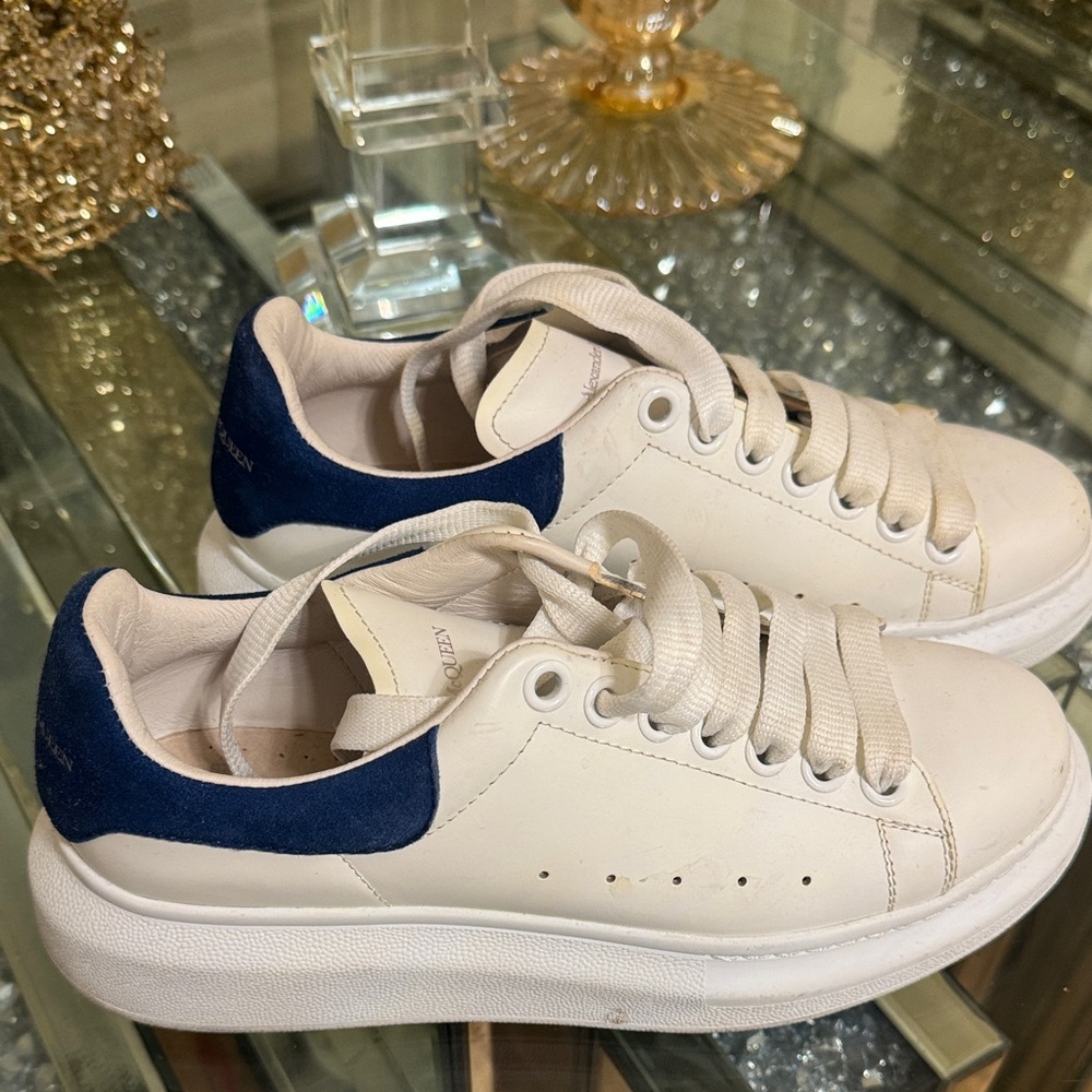 Alexander McQueen White Leather Sneakers with Navy Heel Tab